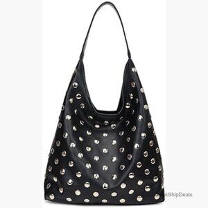 Studded Tote Bag Soft Vegan PU Leather Hobo Shoulder Handbag Large Slouchy